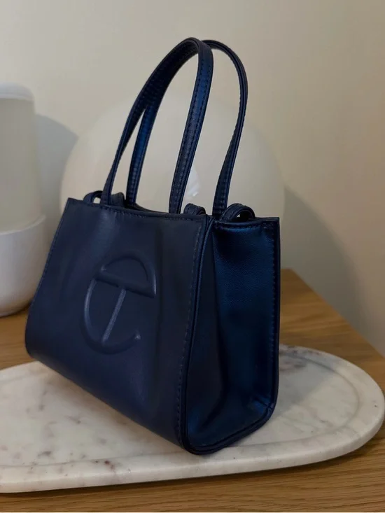 Telfar Small Metallic Navy Shopping Bag - Women's Leather Tote - Picture 3 of 6